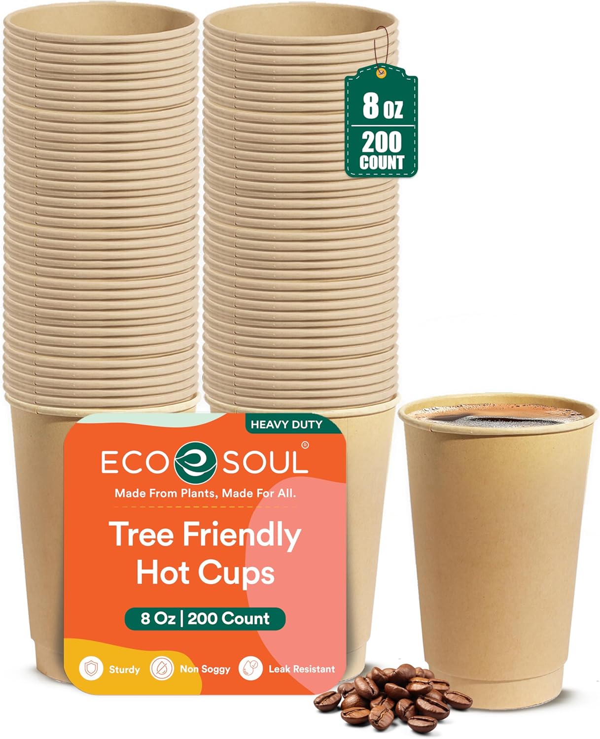 ECO SOUL 100% Compostable Plant-Based Hot Cups | 16oz, 12oz, 8oz | Disposable Bagasse Paper Cups | Eco-friendly Cups | Sturdy, Microwave & Oven Safe (200, 8oz)