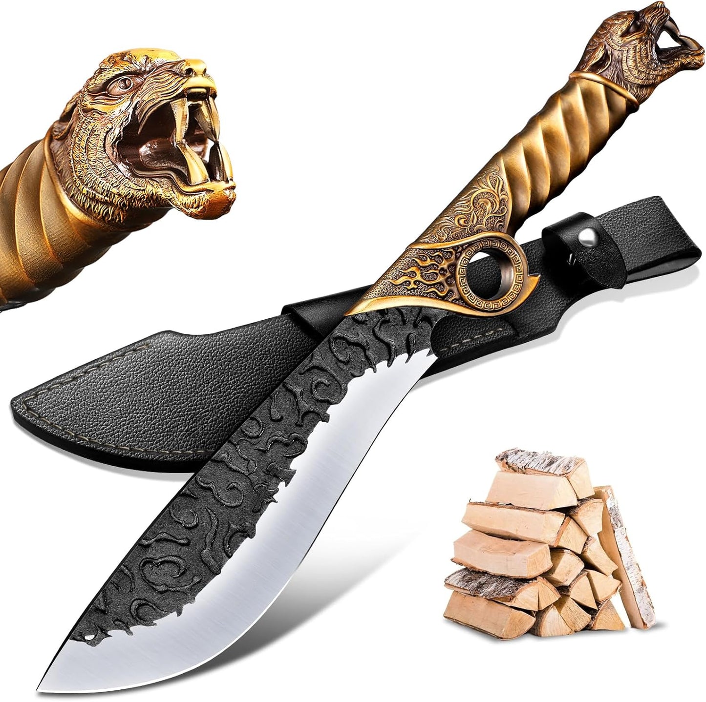 Purple Dragon Heavy Duty Machete for Cutting Trees – Japanese Forged Survival Machete with Tiger Head Handle, Gardening Machetes with Leather Sheath, Yard Work & Outdoor Camping Machetes