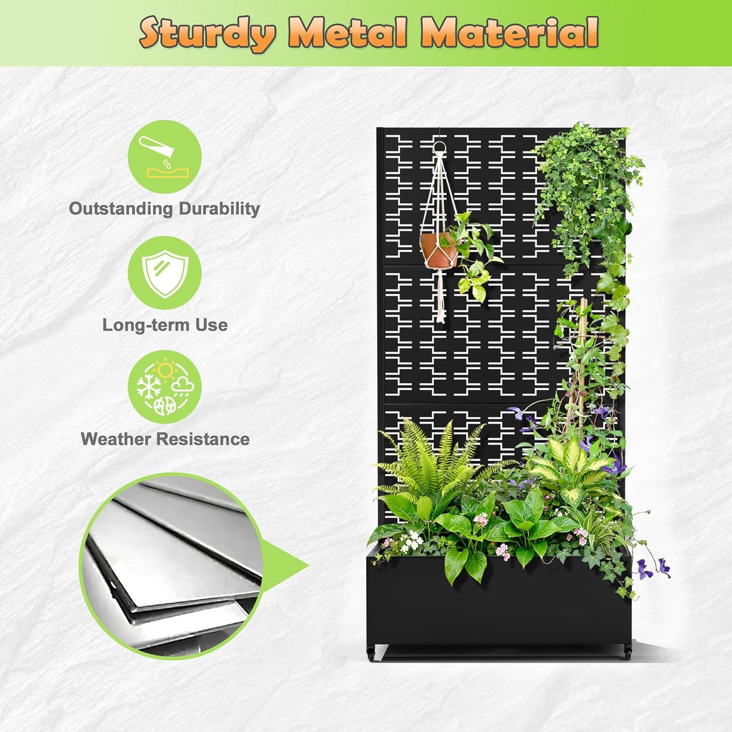 Metal Raised Garden Bed with Trellis, 2-in-1 Planter Box & Privacy Screen for Climbing Plants, Outdoor Standing Flower Bed with Drainage Holes, 35.4" L x 15.7" W x 70.1" H, Black-Brick