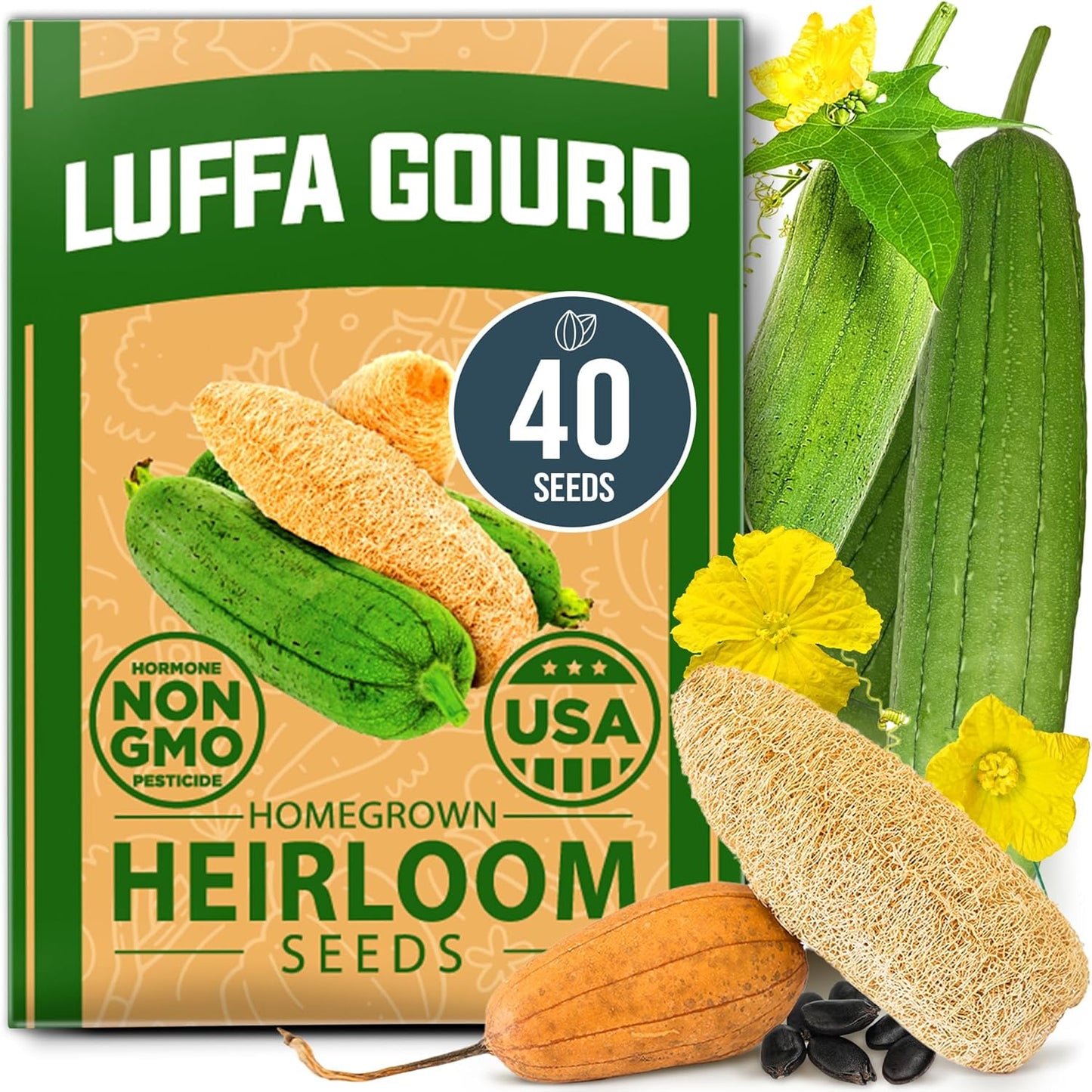 HOME GROWN 𝗨𝗦𝗔 𝗣𝗥𝗘𝗠𝗜𝗨𝗠 Luffa Seeds (Luffa aegyptiaca) 40 Heirloom 𝗡𝗢𝗡-𝗚𝗠𝗢 Loofah Gourd Seeds for Planting High Germination Rate - Make Sponges or Harvest Young Loofahs for Eating
