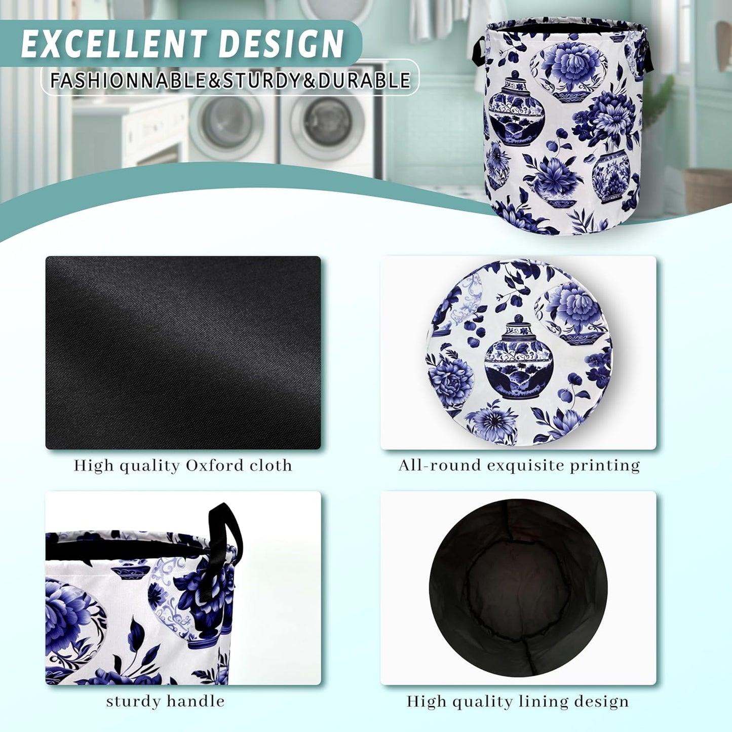 Blue White Floral Laundry Basket Foldable With Handles Vase Flower Tote Bag Oxford Cloth Color Laundry Hamper Clothes Storage Bucket Toy Organizer For Bathroom/Laundry/Bedroom 18.9"x16.5 "