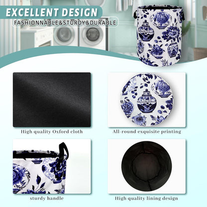 Blue White Floral Laundry Basket Foldable With Handles Vase Flower Tote Bag Oxford Cloth Color Laundry Hamper Clothes Storage Bucket Toy Organizer For Bathroom/Laundry/Bedroom 18.9"x16.5 "