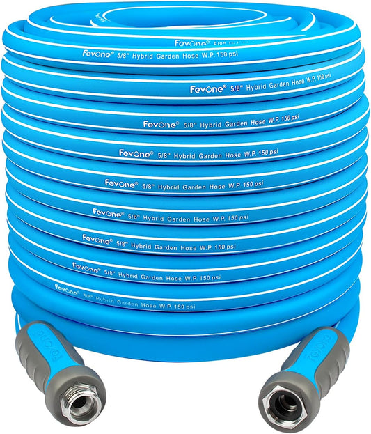 Fevone 150 ft x 5/8" Heavy Duty Garden Hose, Drinking Water Safe, Flexible & Kink-Free Hybrid Polymer Water Hose, Lightweight Outdoor Hose with swivel handles and 3/4" Solid Aluminum Fittings