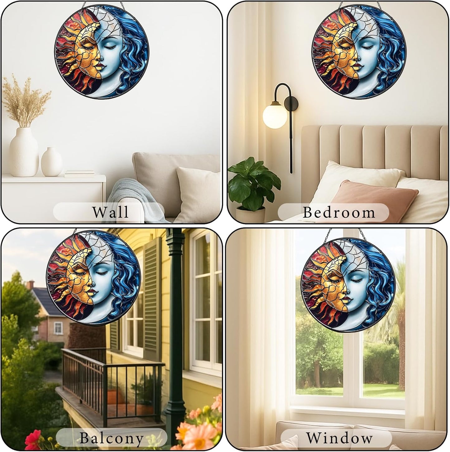 Bohemia God of The Sun and Moon Suncatchers for Windows Hanging - 8 in Stained Glass Sun Catchers Indoor Window, Suncatcher Stain Glass Windows Hanging for Home Decor Wall Art, Gifts for Holiday