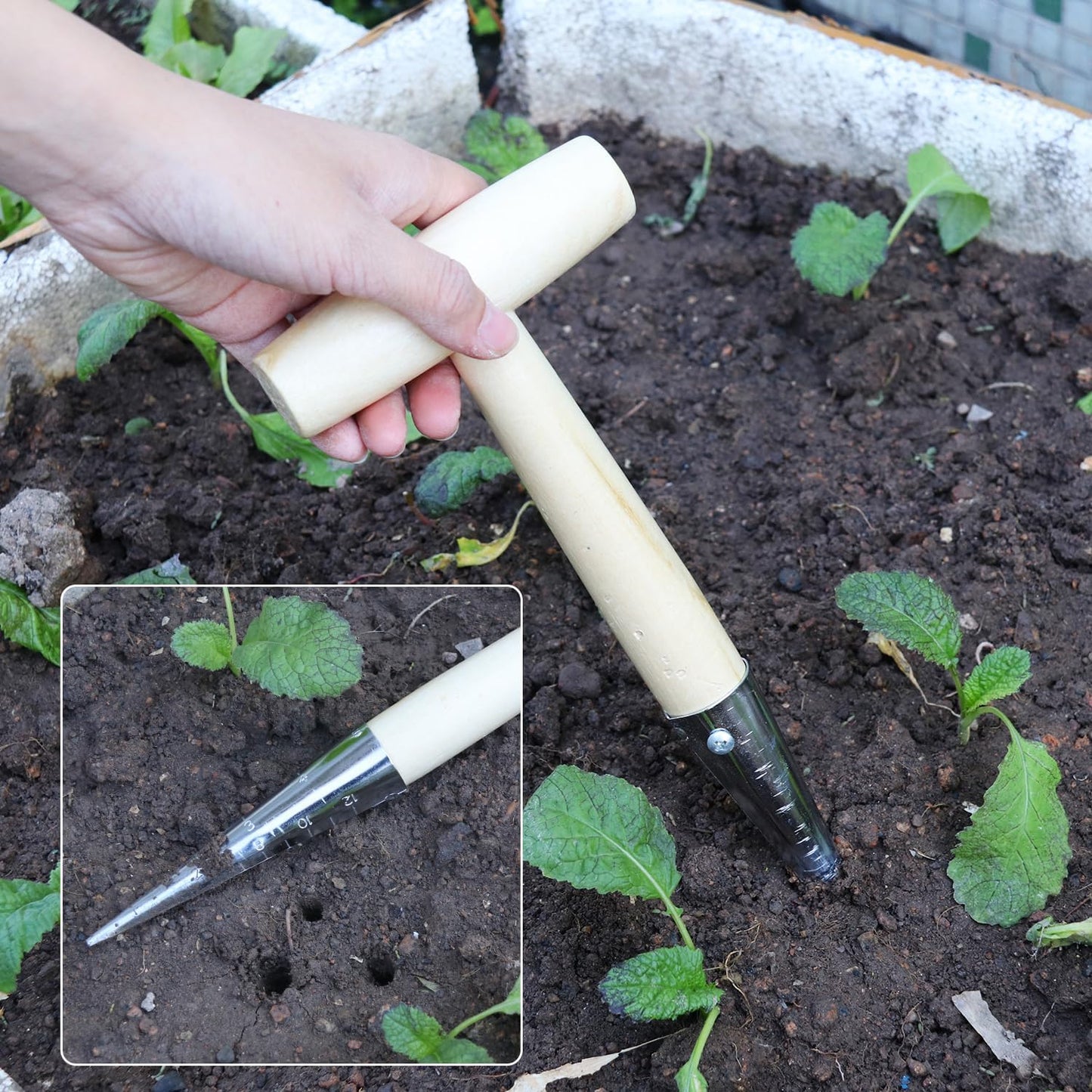 3 PCS 11 Inch Hand Dibber with Wooden Handle - Hand Held Bulb Planter, Essential Dibber Gardening Tool for Planting and Bulb Transplanting