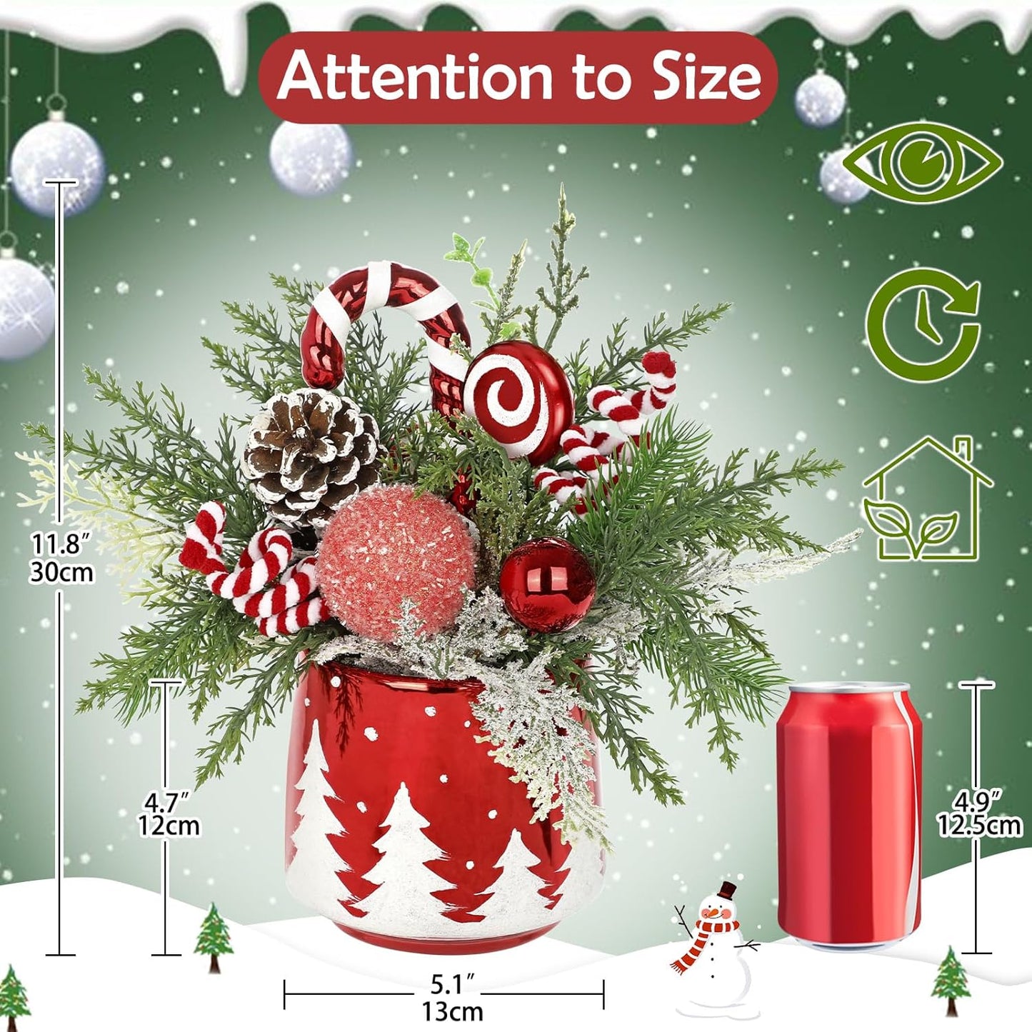 Christmas Centerpieces for Tables, Small Christmas Table Arrangements with Ceramic Vase Red & White Winter Holiday Table Centerpiece with Pine Branches Candy Cane Decor for Tabletop Dinner Tables