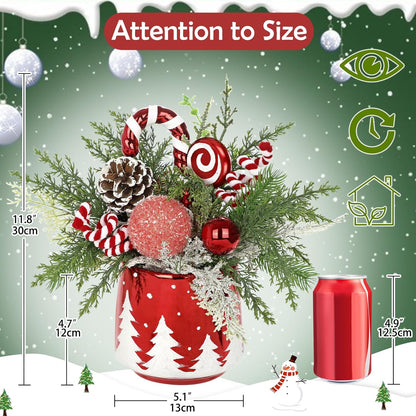 Christmas Centerpieces for Tables, Small Christmas Table Arrangements with Ceramic Vase Red & White Winter Holiday Table Centerpiece with Pine Branches Candy Cane Decor for Tabletop Dinner Tables