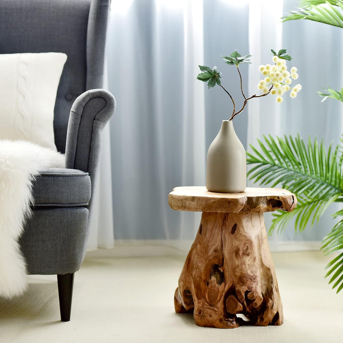 WELLAND Natural Cedar Stump Stool, 14" End Table, Live Edge Side Table, Plant Stand, Small Nightstand, Mushroom Stool for Living Room, Bedroom, Patio, Garden