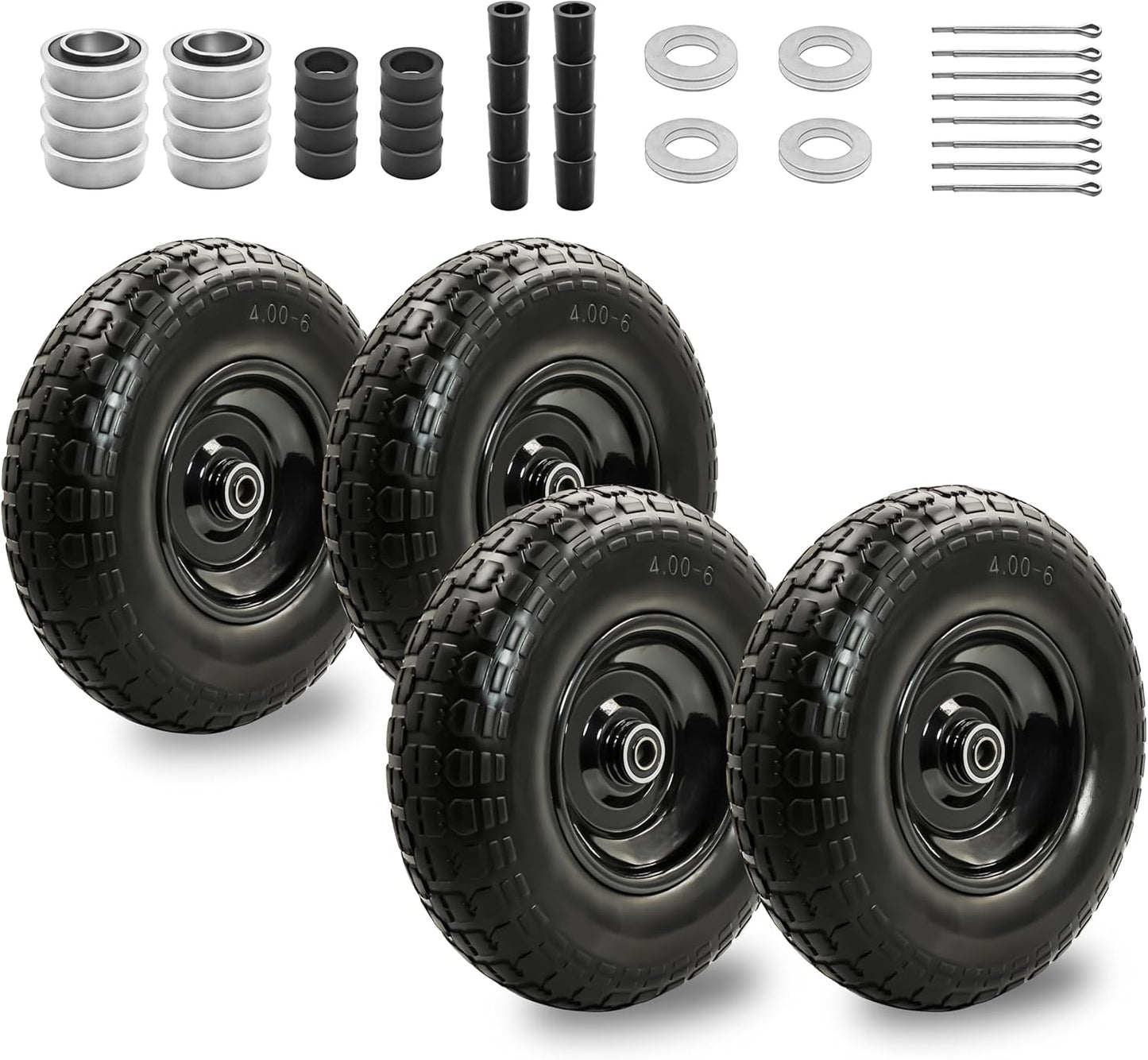 4PC 4.00-6 Flat-Free Tires and Wheels,13" Rubber Solid Tire, with 5/8" & 3/4" Bearing, 1.8"-5.8" Centered Hub Length, 4.00-6 tire and wheel Fit for Gorilla Cart, Garden Cart/Hand Truck/Wheelbarrow etc