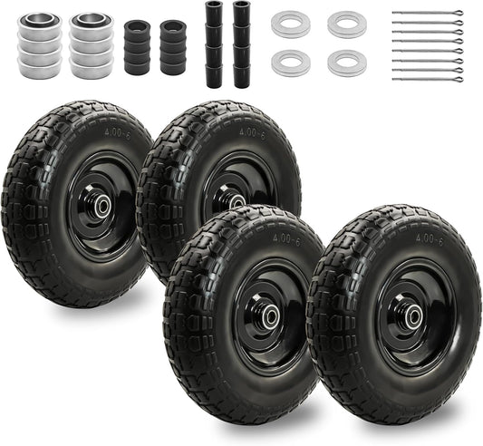 4PC 4.00-6 Flat-Free Tires and Wheels,13" Rubber Solid Tire, with 5/8" & 3/4" Bearing, 1.8"-5.8"