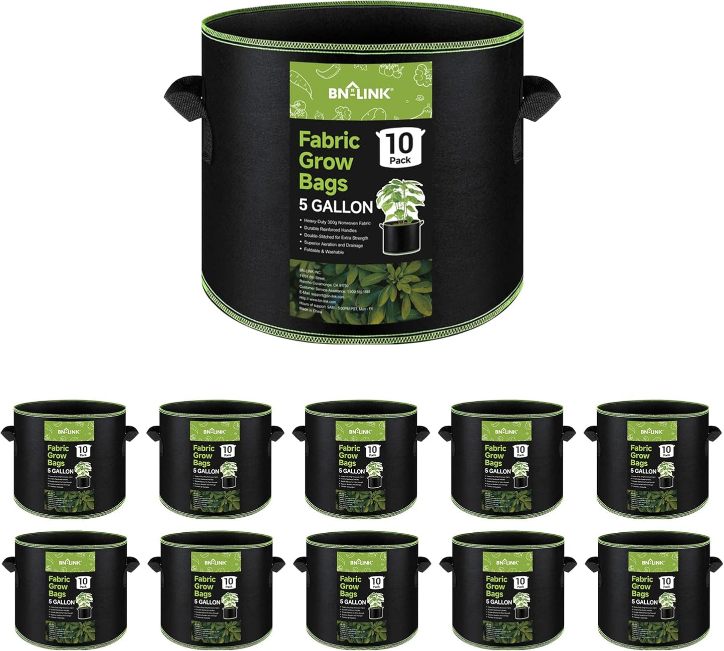 BN-LINK 10-Pack 5 Gallon Grow Bags, Heavy Duty Aeration Fabric Pots with Handles, Thickened Nonwoven Plant Bags for Vegetables, Flowers, Fruits
