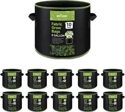 BN-LINK 10-Pack 5 Gallon Grow Bags, Heavy Duty Aeration Fabric Pots with Handles, Thickened Nonwoven Plant Bags for Vegetables, Flowers, Fruits