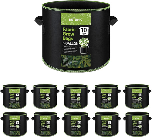 BN-LINK 10-Pack 5 Gallon Grow Bags, Heavy Duty Aeration Fabric Pots with Handles, Thickened Nonwoven Plant Bags for Vegetables, Flowers, Fruits