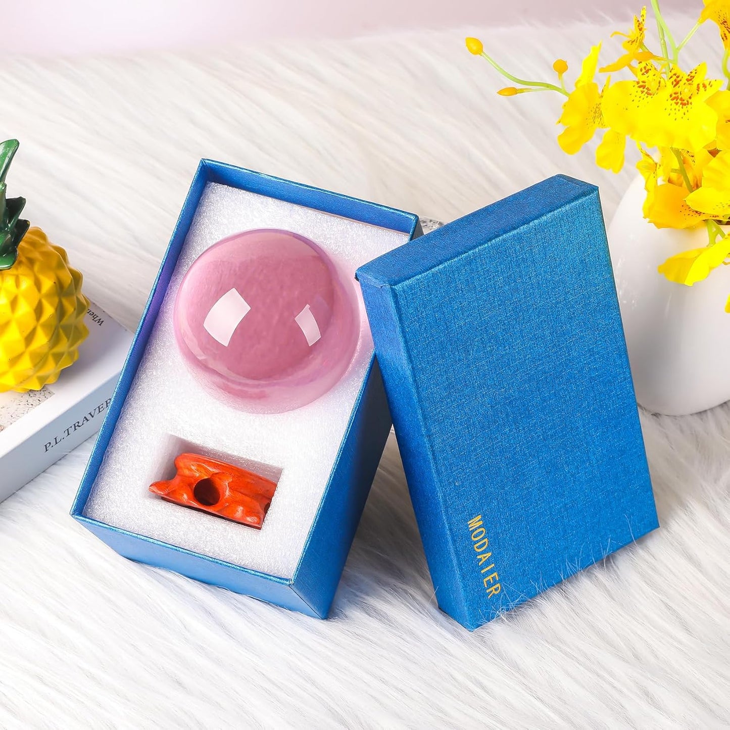 Pink Small Crystal Ball 60mm/2.3 inch with Rose Wooden Stand and Gift Box for lensball Photography,Fortune Teller,Feng Shui, Witchcraft Decor,Scrying,Magic,Crystal Orb Prop Decorative Glass Sphere
