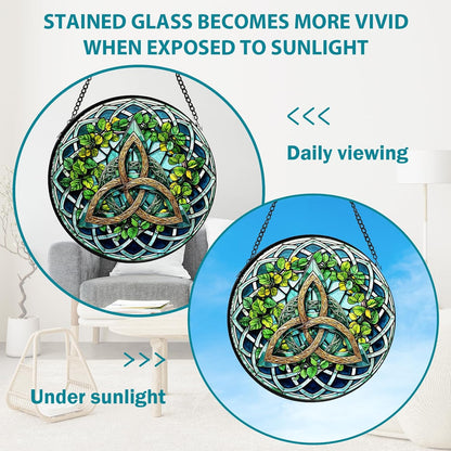 Celtic Knot Stained Glass Window Hanging, Suncatcher Diamond Glass Panel Hangings, Sun Catchers Indoor Windows Wall Art Decoration, Christmas Decor for Home Office Garden Green 7.87 inches