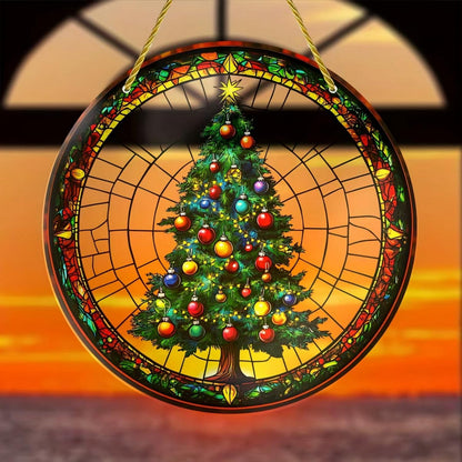 7.87inch Christmas Tree Sun Catcher for Window Hanging Round Acrylic Hanging Suncatcher for Garden Decor ，Wall Home, Kitchen, Housewarming Women Neighbor Winter Xmas Decor Gifts