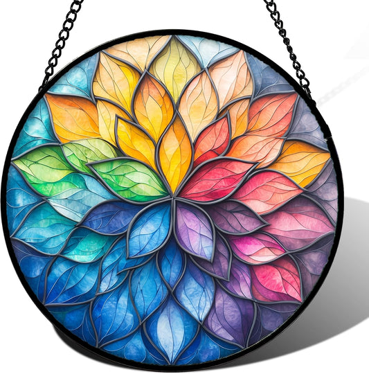 Stained Glass Window Hanging, Colorful Flower Petals Sun Catchers Diamond Glass Panel Hangings