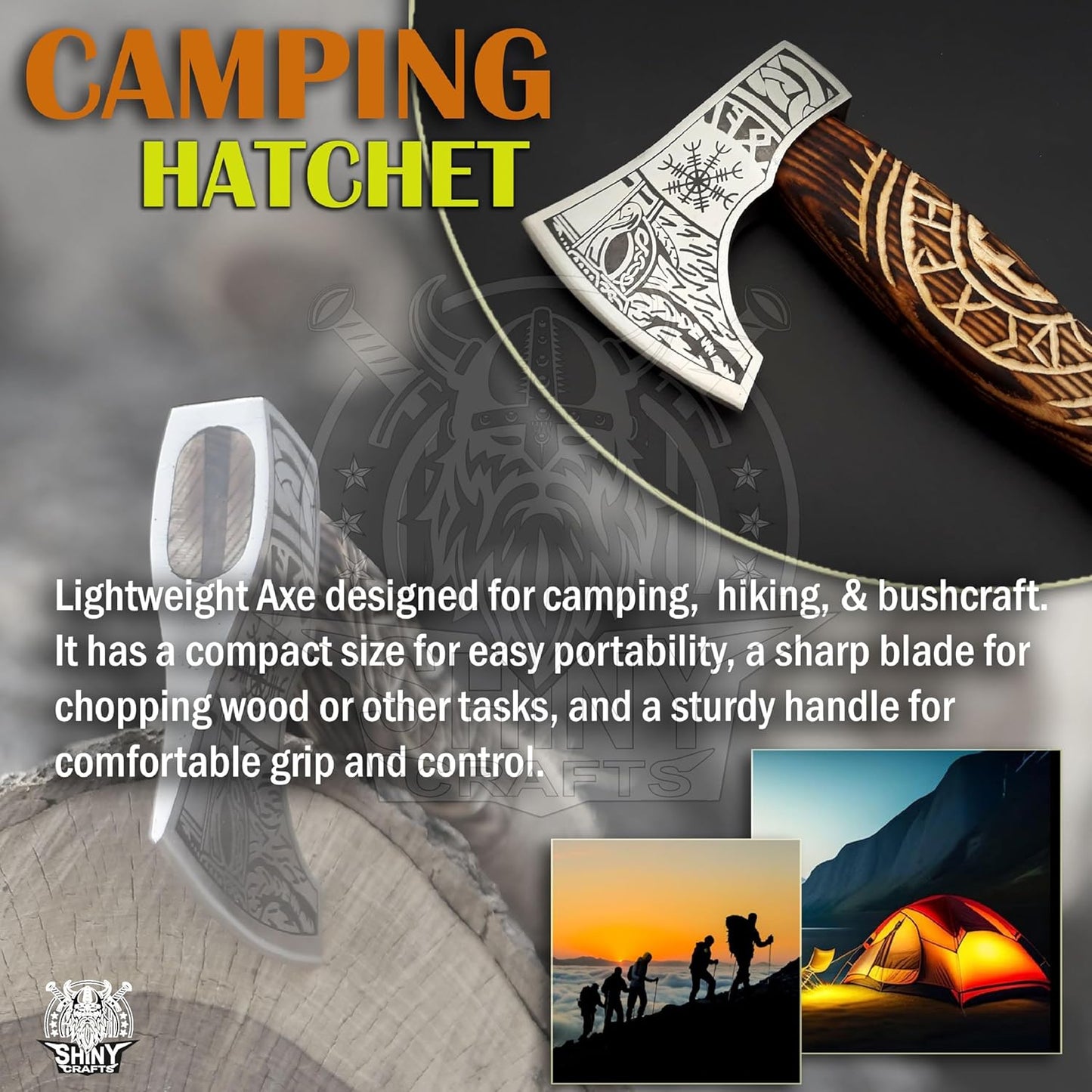 SHINY CRAFTS® Handcrafted Decorative Viking Axe with Leather-Wrapped Handle & Sheath – Engraved Blade – Ceremonial Collectible Gift for Men, History Buffs, Cosplay & Display (Set of 8 Viking Axes)