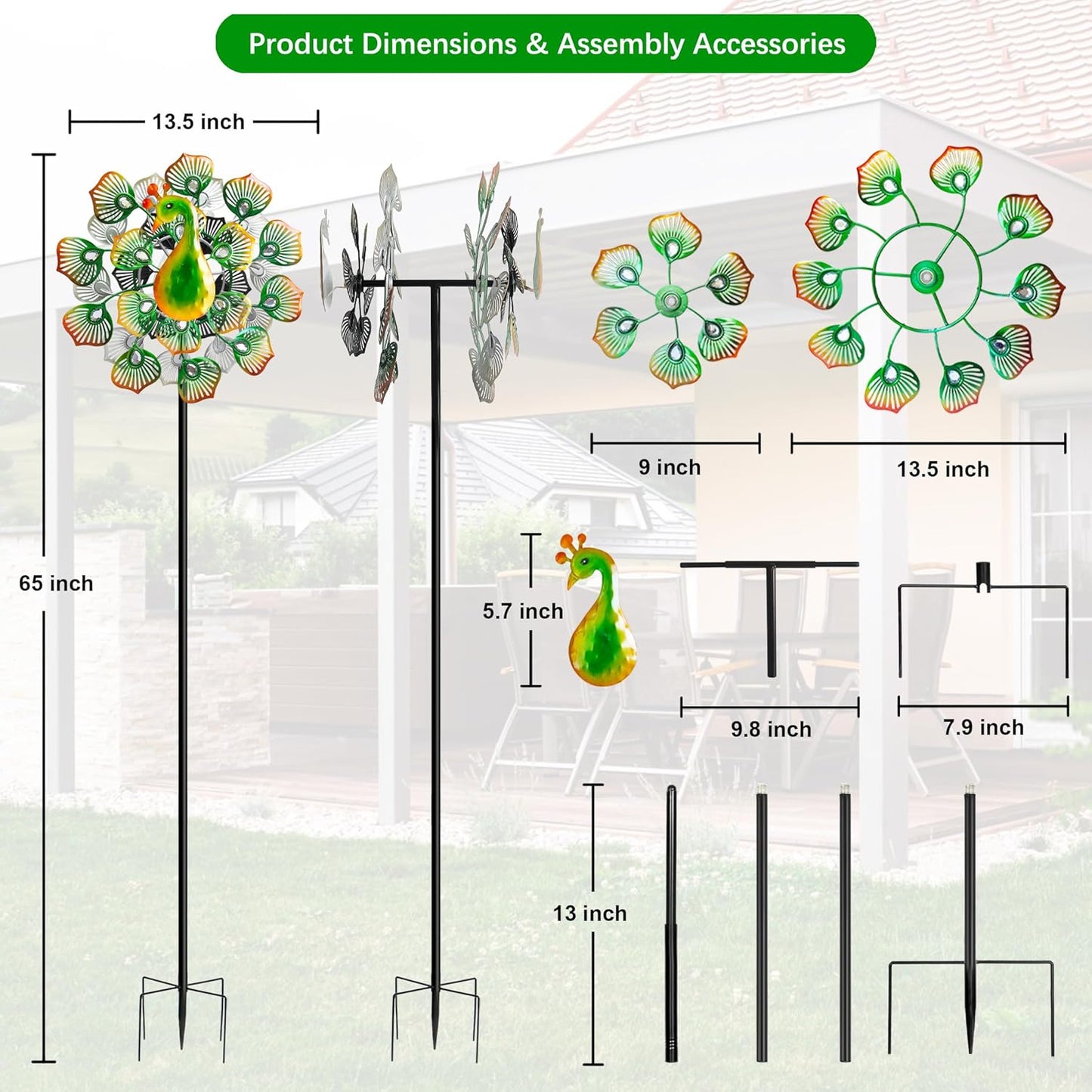 Outdoor Peacock Wind Spinners Featuring Glittering Gem Decor, 13.5" D x 65" H Kinetic Wind Sculptures, 360° Rotatable Metal Garden Wind Spinners for Yard and Outdoor Decor (Green)