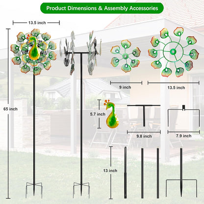 Outdoor Peacock Wind Spinners Featuring Glittering Gem Decor, 13.5" D x 65" H Kinetic Wind Sculptures, 360° Rotatable Metal Garden Wind Spinners for Yard and Outdoor Decor (Green)