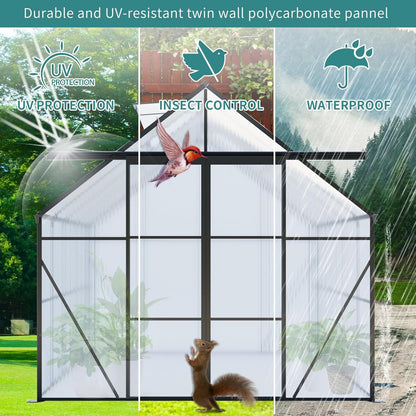 KEIKI 8x6 FT Double Door Upgrade Polycarbonate Greenhouse with Aluminum Frame,Raised Base and Roof Vent,Walk-in Greenhouses for Patio Garden