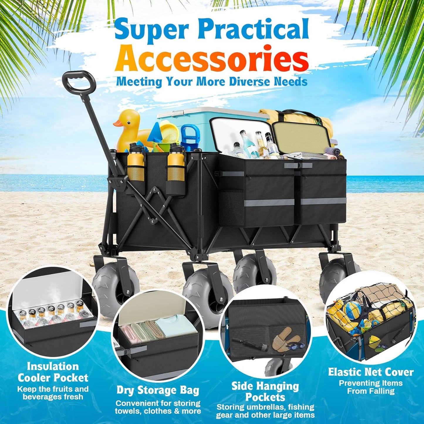 Heavy Duty Beach Wagon with 9" Big Wheels for Sand - 450lbs Load Foldable Wagon with Adjustable Handle & Cooler Bag, Collapsible Beach Cart for Shopping Garden Sports Camping Outdoor