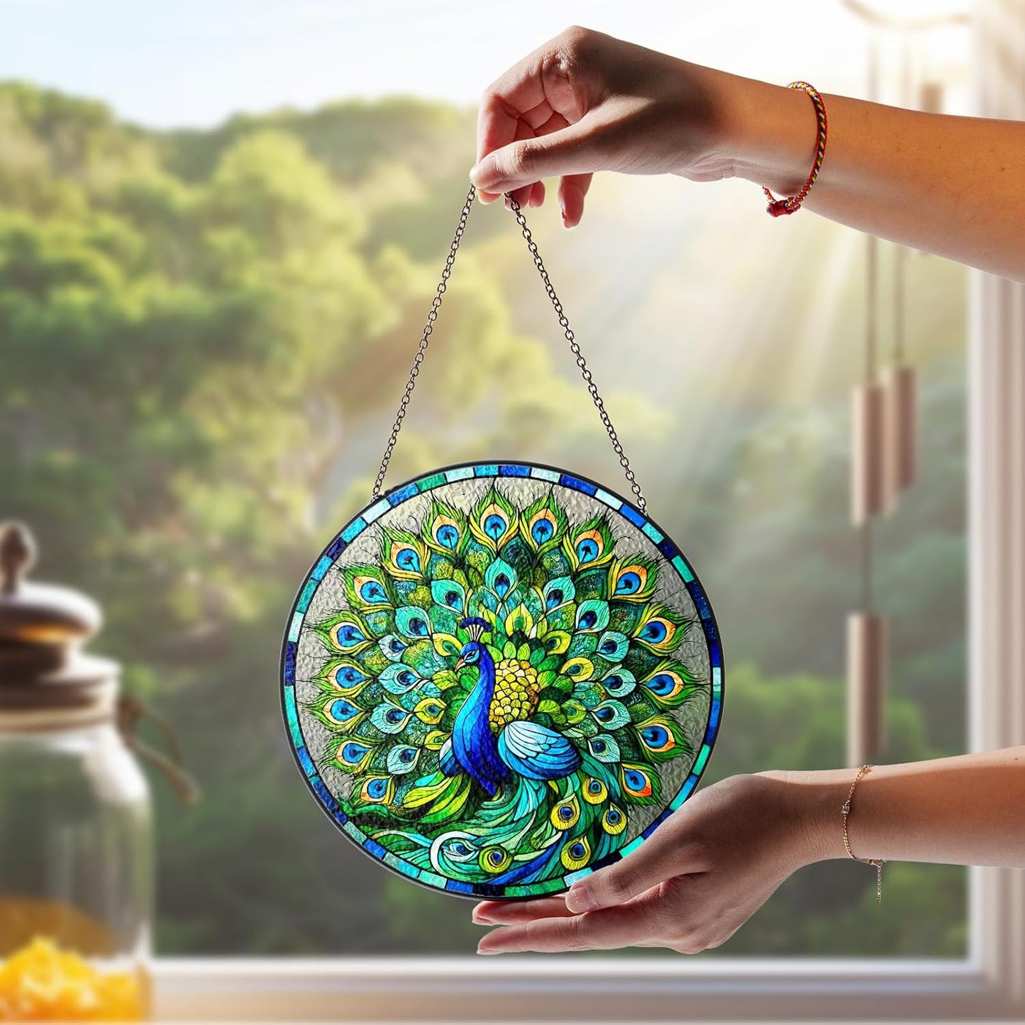 7.8" Peacock Stained Glass Suncatchers Wall Art Decor Exotic Birds Sun Catcher Window Garden for Animal Peacock Lovers Women Grandma Mom Nature Themed Painted Glass Panel ANI-07A-SG8