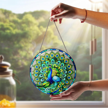 7.8" Peacock Stained Glass Suncatchers Wall Art Decor Exotic Birds Sun Catcher Window Garden for Animal Peacock Lovers Women Grandma Mom Nature Themed Painted Glass Panel ANI-07A-SG8