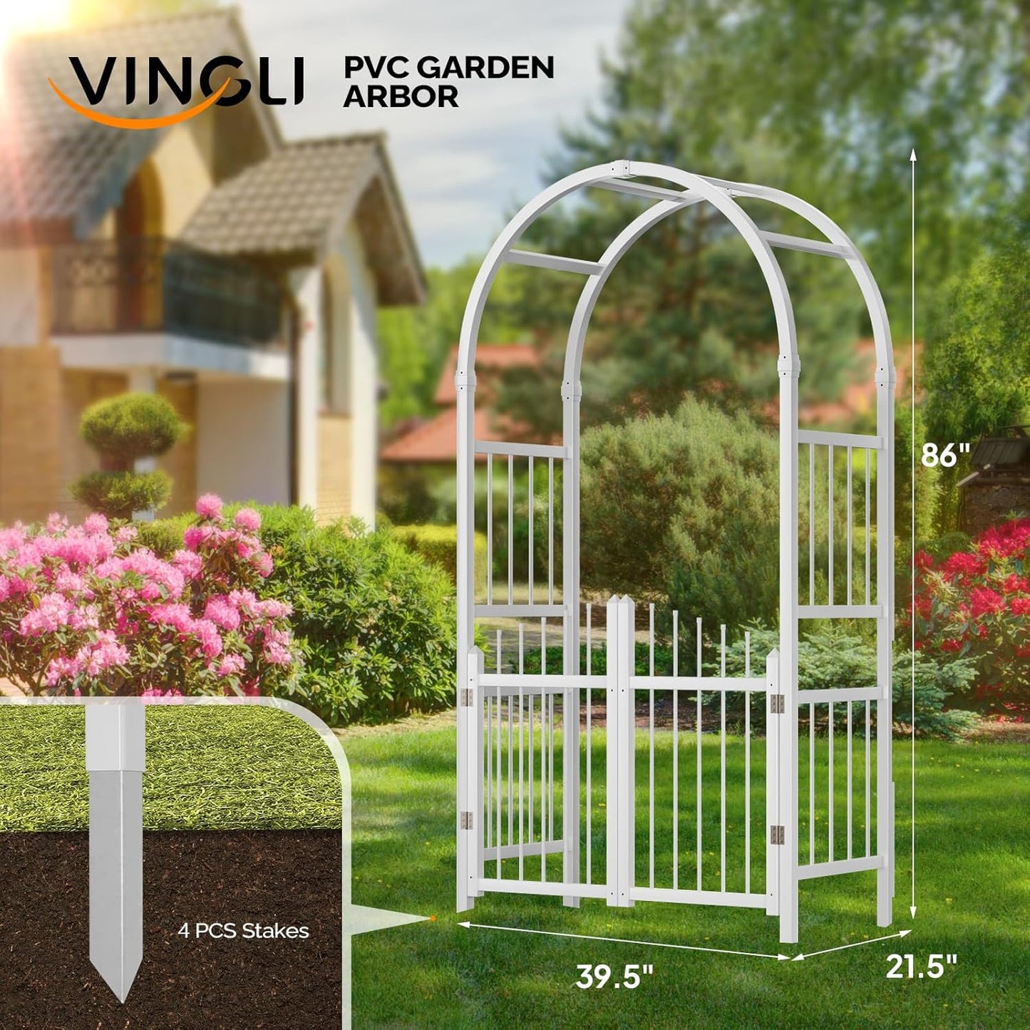 VINGLI Garden Arbor with Gate, PVC Frame Trellis Garden Arch for Plant Climbing, Vinyl Pergola Wedding Arch Backdrop Standing for Backyard, Lawn, Event (White)