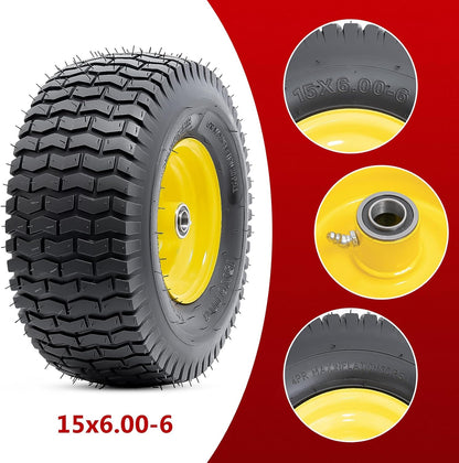 15x6.00-6 Tire and Wheel, 15-Inch Replacement Pneumatic Tires with 3/4" Bearings Compatible with Hand Truck, Wheelbarrow, Wagon, Gorilla Carts Tires (Yellow, 2PCS) P-103