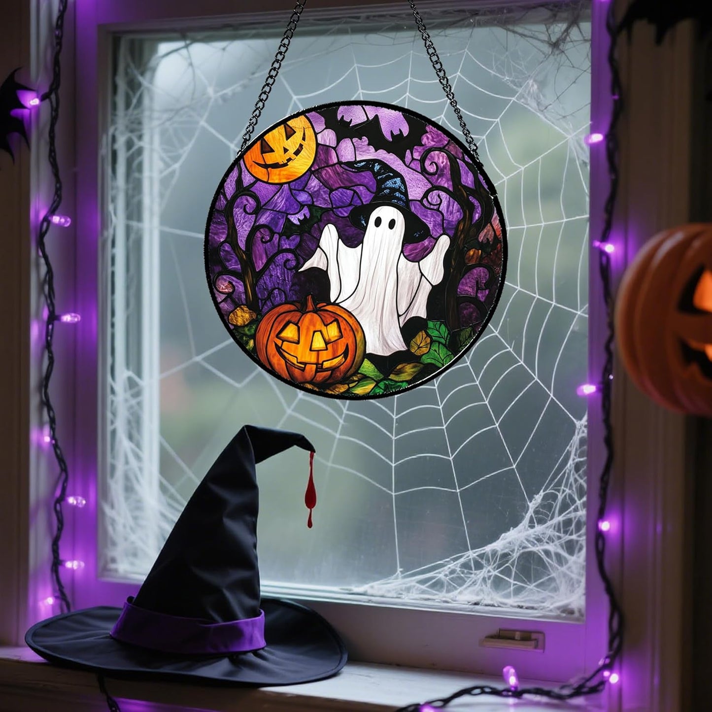 Stained Glass Window Hanging Halloween White Ghost Black Bat 15" - Suncatcher Door Garden Sunroom Horror Pumpkin Sun Catcher Birthday for Friend Mom Men Woman Nana