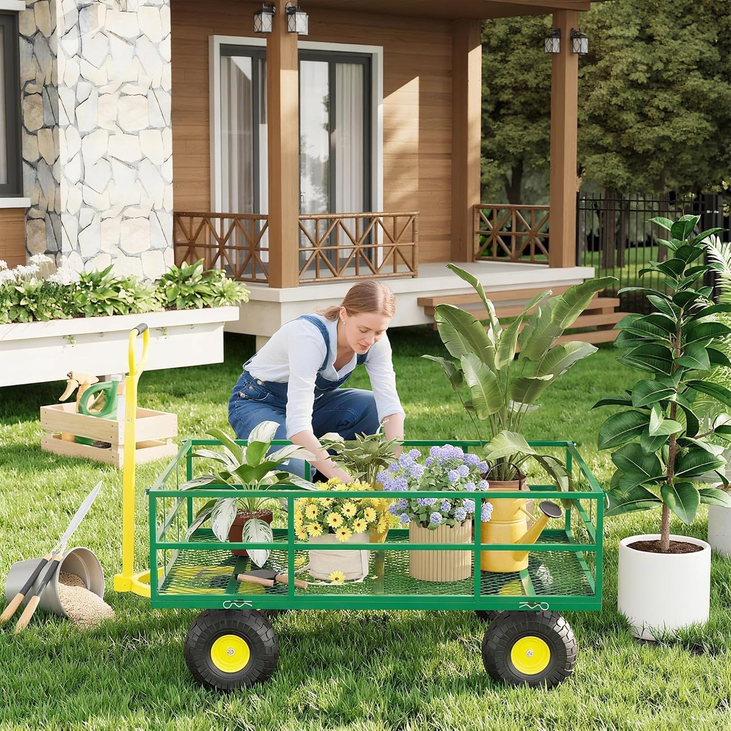 Metal Wagon - 1200lbs Garden Cart with 10" Multi-Terrain Tires, 4 Removable Mesh Sides & 180° Swivel Handle, Yard Wagon Cart for Lawn, Yard, Patio Gardening