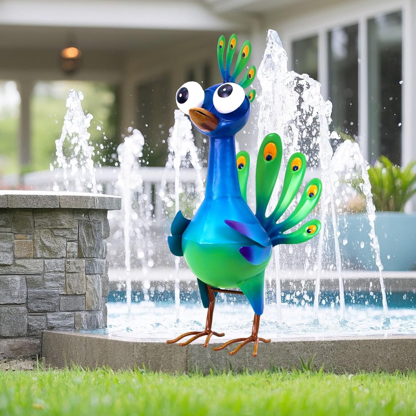 Metal Peacock Statue Garden Decor Cartoon Peacock with Bobbling Eyes Yard Art Lawn Patio Decoration Outdoor Sculpture for Housewarming Birthday Wedding