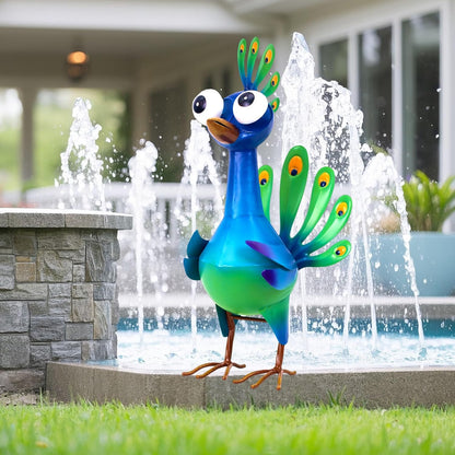 Metal Peacock Statue Garden Decor Cartoon Peacock with Bobbling Eyes Yard Art Lawn Patio Decoration Outdoor Sculpture for Housewarming Birthday Wedding