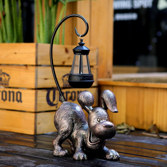 Laughing Dog Figurine with Solar-Powered LED Light 15.9 Inches Tall Antique Bronze, Perfect for