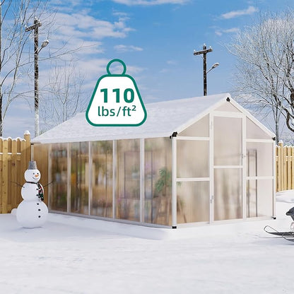 8x12 ft Greenhouse, Large Aluminum Greenhouses for Outdoors, Heavy Duty Polycarbonate Greenhouse with Roof Vent, Walk-in Green Houses for Winter Garden, Backyard, Patio, Lawn, Easy Assembly