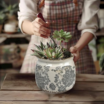 Vintage Grey Ceramic Ice Crack Flower Pot with Drainage Holes, Country Rustic Planters for Indoor and Outdoor,Tuscan Decor,Home,Living Room, Garden Decor, Gardening Gift
