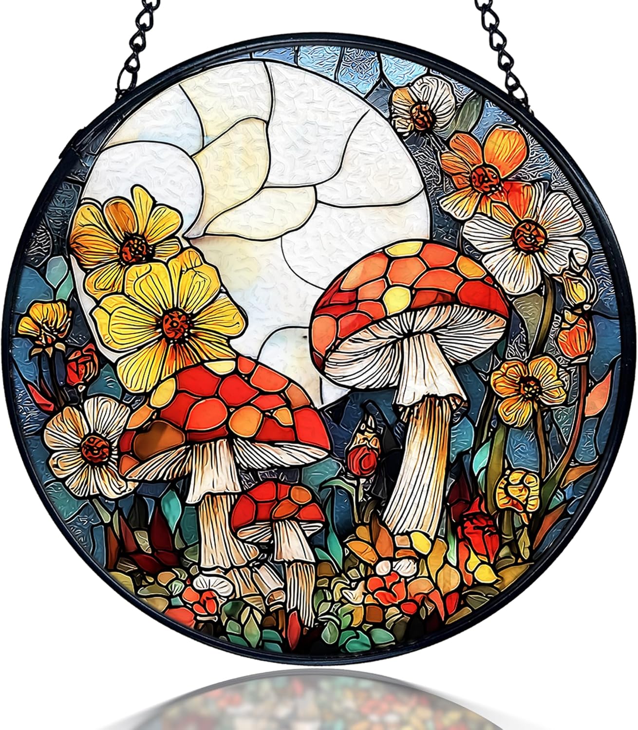 kdqua Mushroom Flower Suncatcher Stained Glass Window Hanging, Full Moon Mushroom Sun Catchers Indoor Window Glass Round Wall Decor, Cottagecore Wall Art Hanging Decorations Statues, 7.9x7.9in