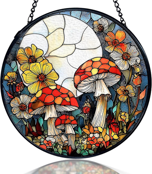 kdqua Mushroom Flower Suncatcher Stained Glass Window Hanging, Full Moon Mushroom Sun Catchers