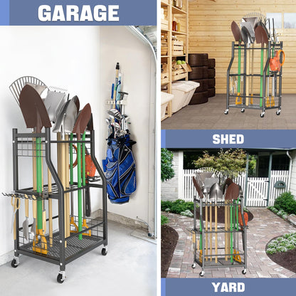 WALMANN Garden Tool Organizer with Wheels for Garage, Rakes/Shovels/Yard Tools Storage Stand for
