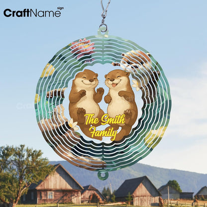 Personalized Otter Couple Wind Spinner 3D Stainless Steel, Otter Garden Spinner Hanging Outdoor Decor, Wind Spinners Outdoor, Custom Gift for Grandmother, Mom, Wife