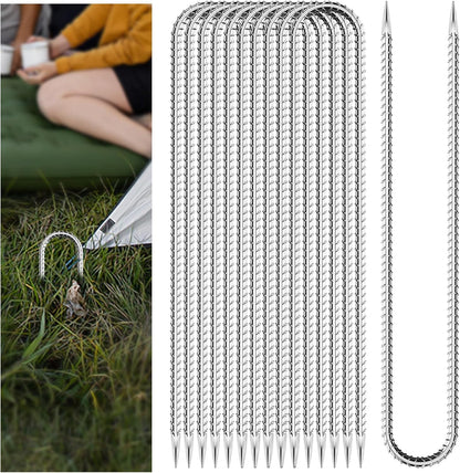 10 PCS Trampoline Stakes Anchors High Wind Heavy Duty,U Shaped Garden Hooks Stakes for Ground,Trampoline Tie Down Anchor Kit,Bounce Horseshoe House Stake,Rebar Camping Tent Stakes,16 Inch Long Silver
