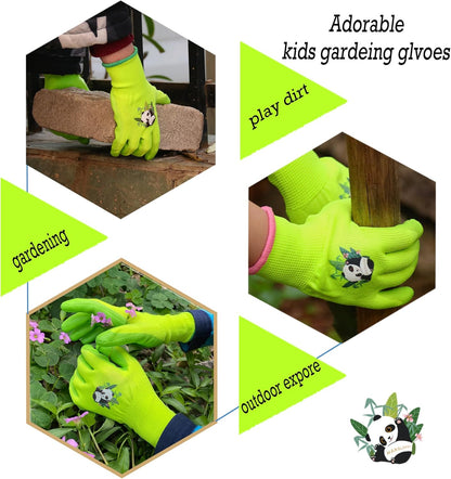 HANDLANDY 2 Pairs Kids Gardening Gloves, Toddler Children Garden Yard Work Outdoor Playing Gloves, Rubber Coating, for Girls Boys Youth (Size XL, Green)