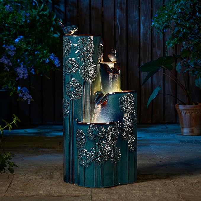 Glitzhome 31.75" H Outdoor Water Fountain with LED Lights and Pump, 4 Tier Dandelion Texture Vase Shaped Ceramic Floor Standing Fountain with Birds for Porch Deck Garden Patio Backyard, Turquoise