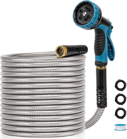 Metal Garden Hose 50 FT, Stainless Steel Hose, Water Hose with 10 Function Nozzle, No Kink & Tangle, Easy to Use & Store, Heavy Duty Lightweight Outdoor Hose