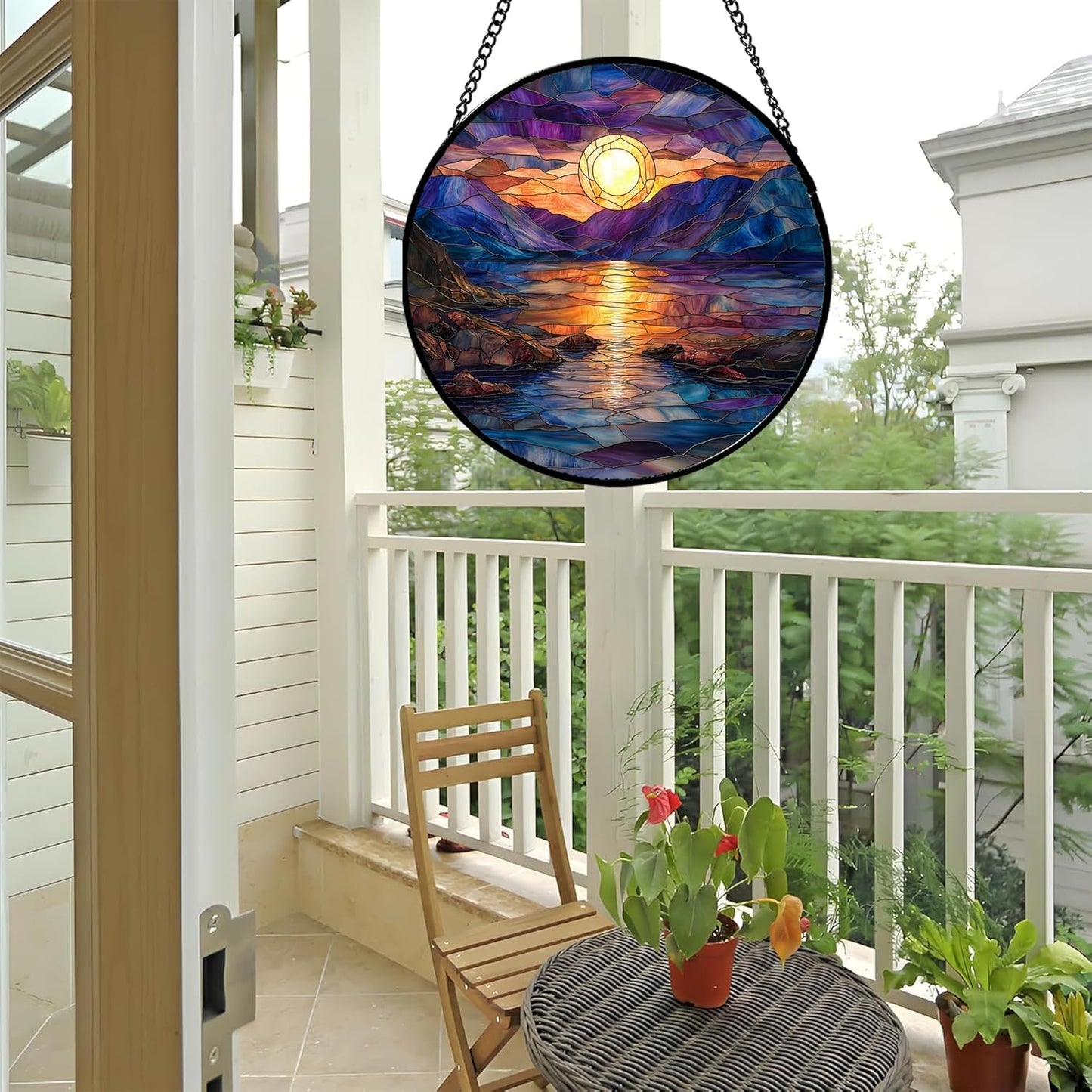 Stained Glass Window Hanging - Blue Purple Lake View Suncatcher for Door Terrace Garden Home Decor Sunset Landscape Sun Catcher Birthday Gifts for Lovers Women Men Dad Mom Nana 7.8 in