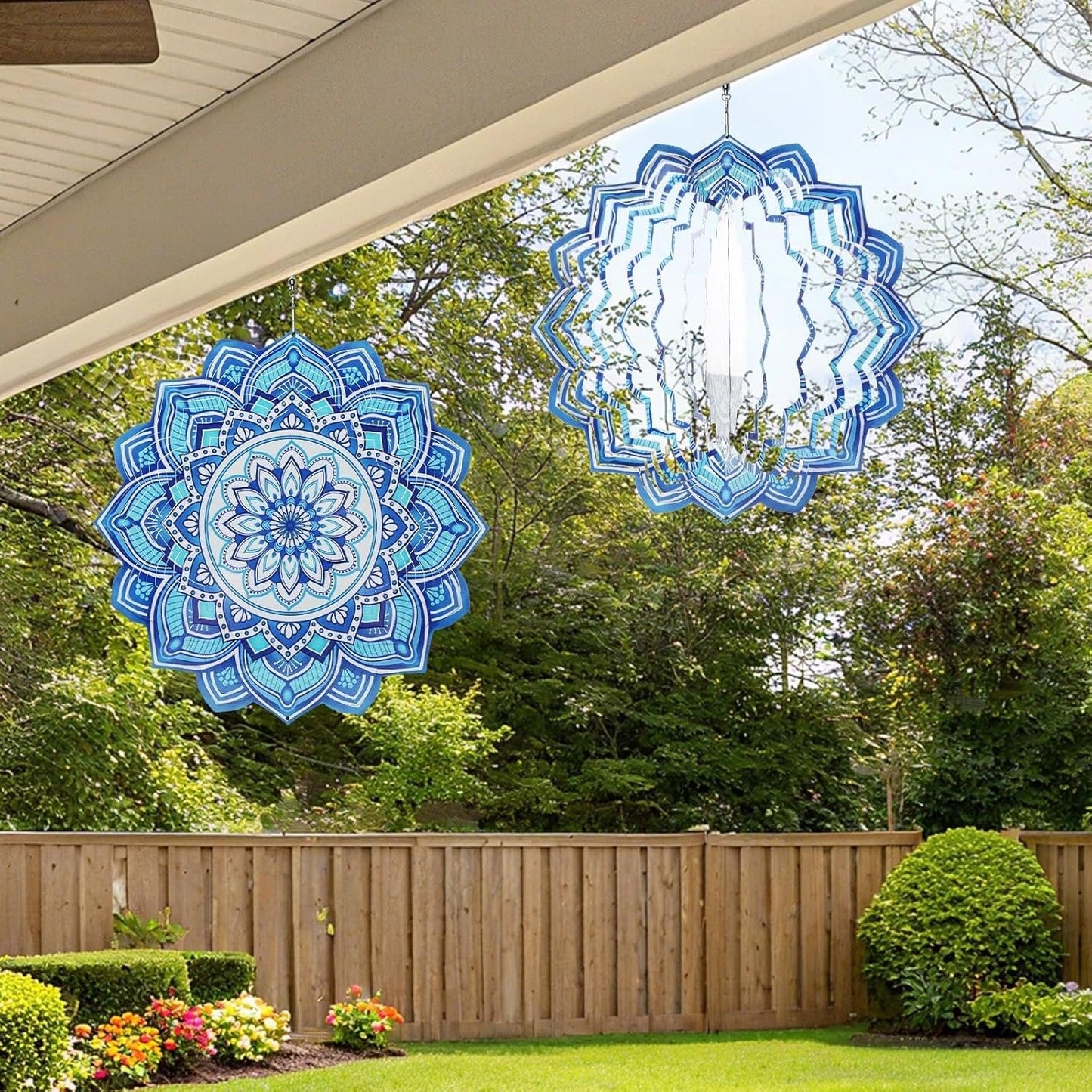 Wind Spinner Mandala Blue, 12-Inch 3D Kinetic Stainless Steel Metal Hanging Wind Spinners Outdoor, Flowers Yard Art Garden Porch Indoor Outdoor Decor