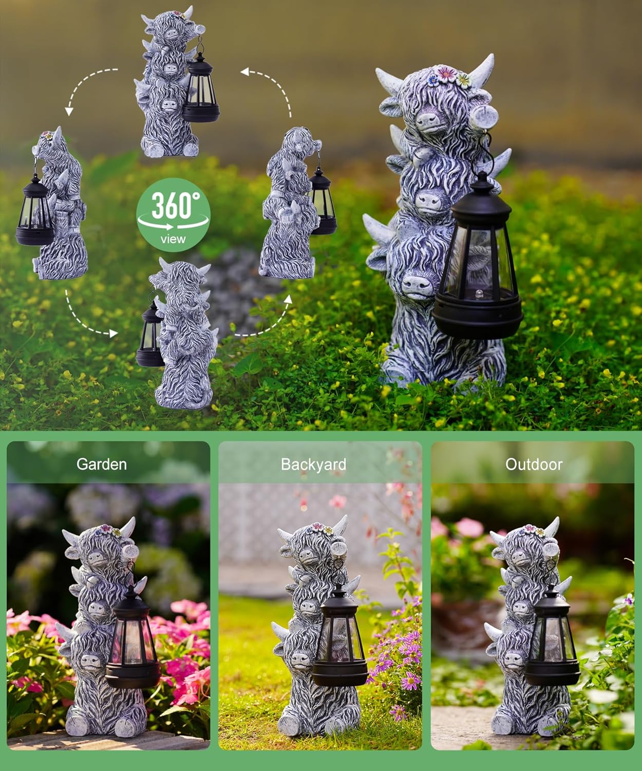 Solar Highland Cow Outdoor Decor:Garden Statue Outside Lantern Ornaments for Yard Lawn Patio Porch- Unique Gifts for Mom Women Grandma(Grey)