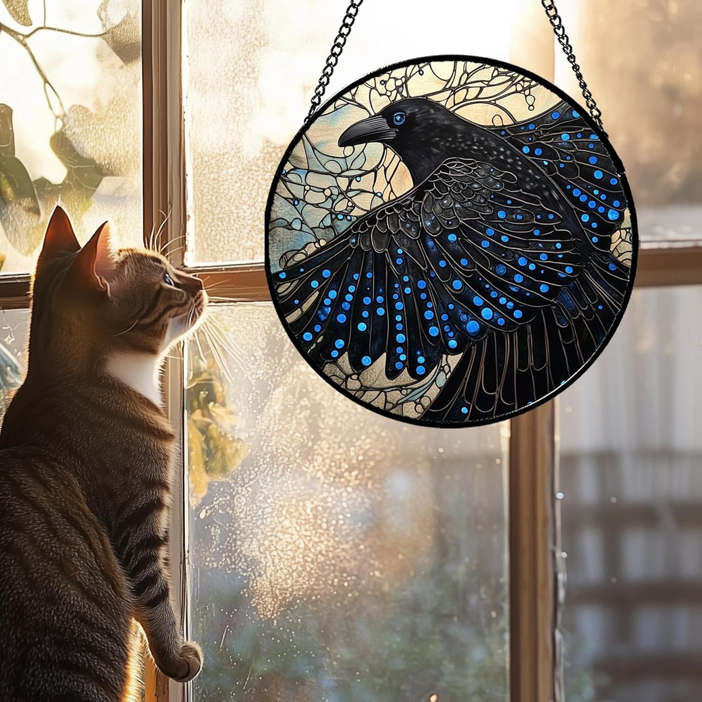 Stained Glass Window Hanging - Black Crow Big Wings Suncatcher for Doors Garden Patio Bird Sun Catchers Decor Christmas Mother's Day Birthday Gifts for Women Men Mom Nana Friend 6.3 in