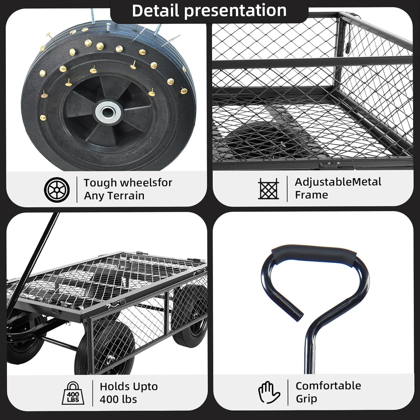 Heavy Duty 480 Lbs Capacity Mesh Steel Garden Cart Folding Utility Wagon with Removable Sides (Black)